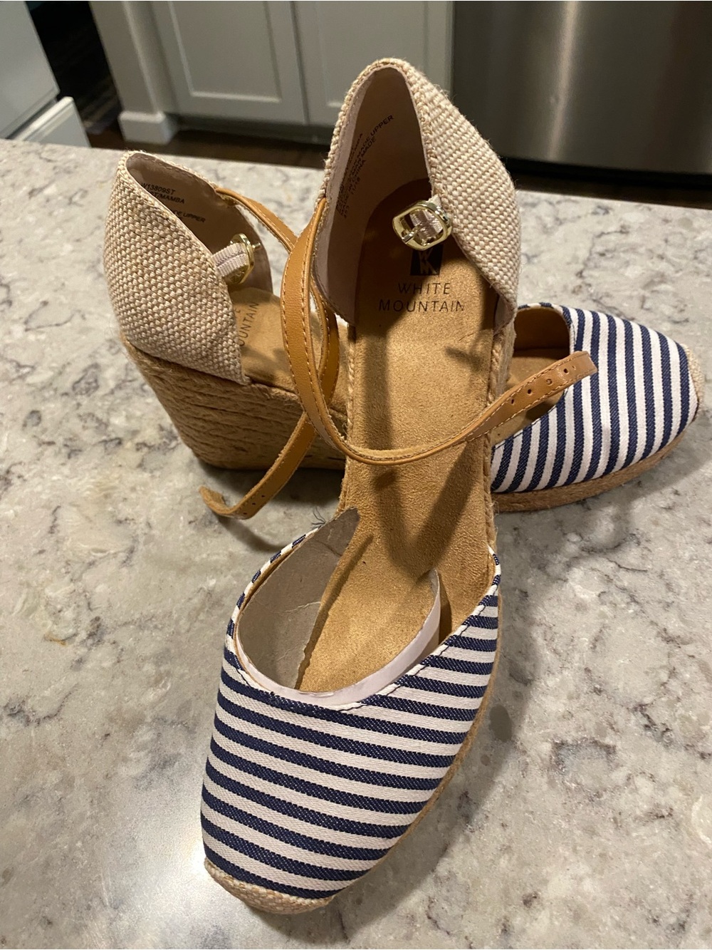 White Mountain Navy & White Striped Espadrille Wedge Sandals Never Worn